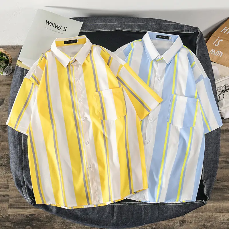 Men's Short Sleeve Striped Shirt White Red Print - Image 8