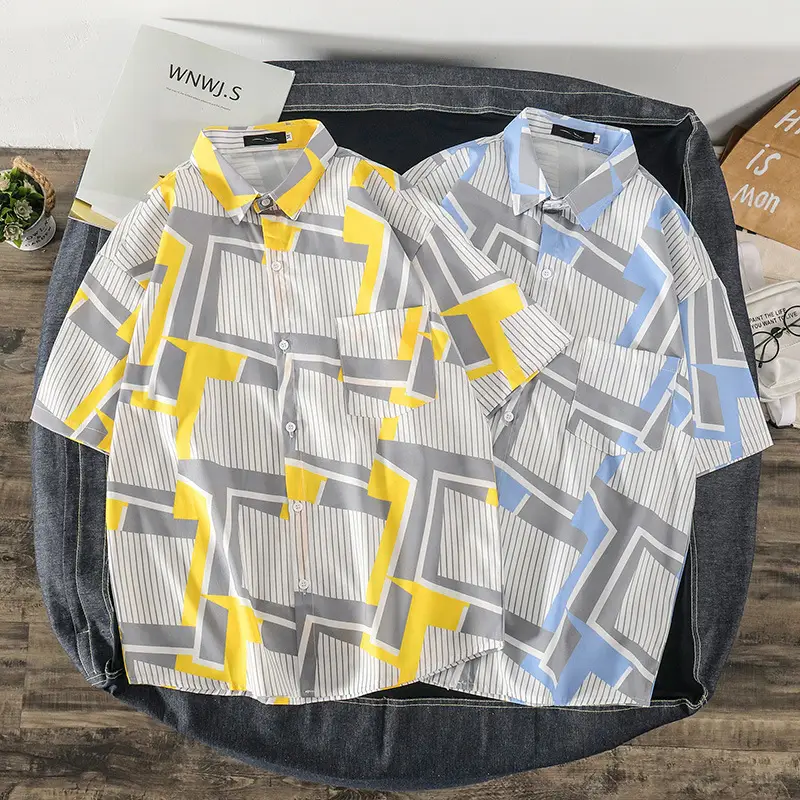 Men's Short Sleeve Striped Shirt White Red Print - Image 9