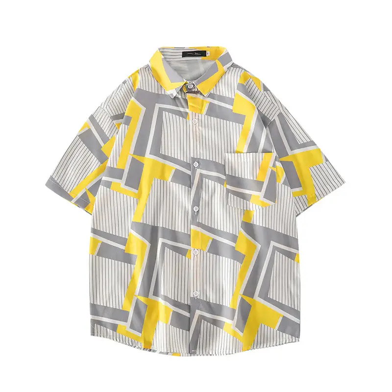 Men's Short Sleeve Striped Shirt White Red Print - Image 11