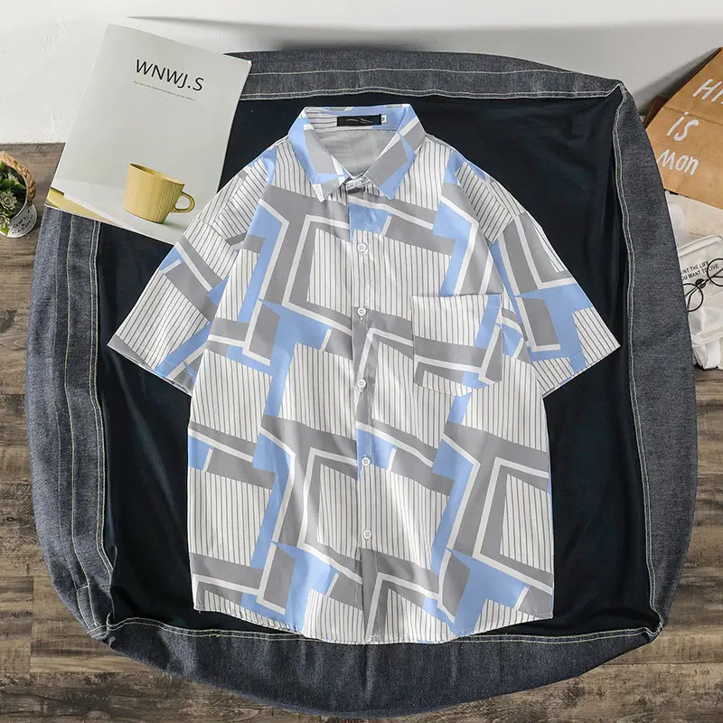 Men's Short Sleeve Striped Shirt White Red Print - Image 2