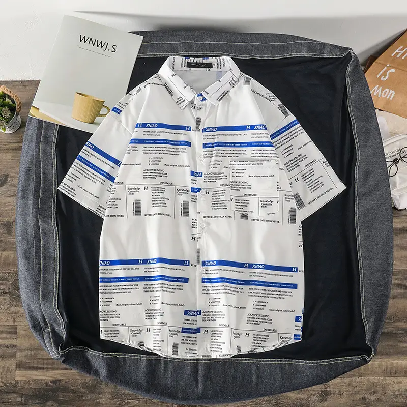 Men's Short Sleeve Striped Shirt White Red Print - Image 3