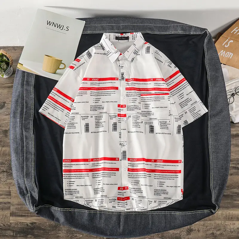 Men's Short Sleeve Striped Shirt White Red Print - Image 4