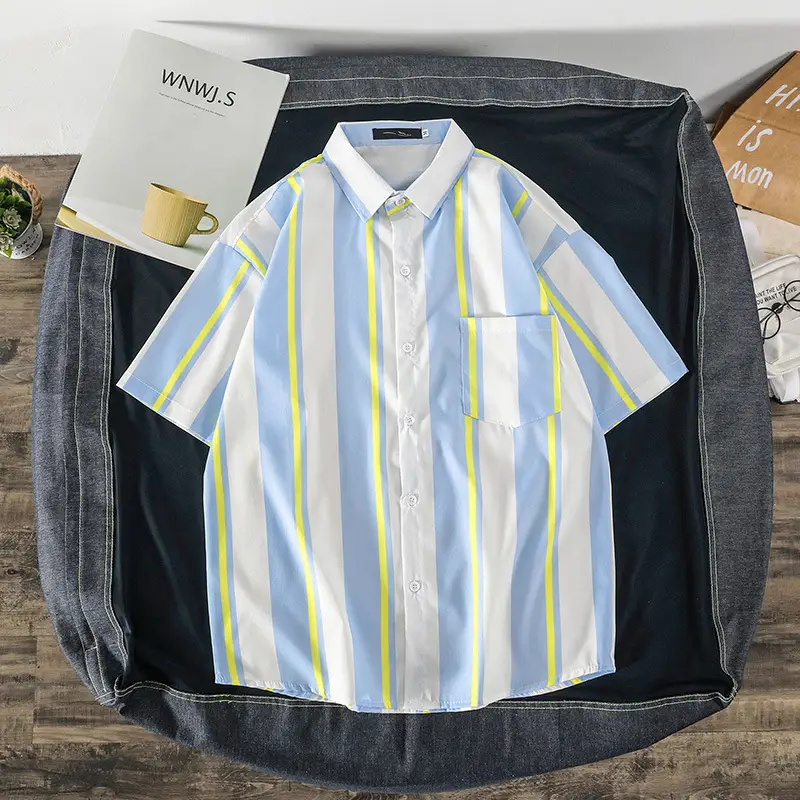 Men's Short Sleeve Striped Shirt White Red Print - Image 5