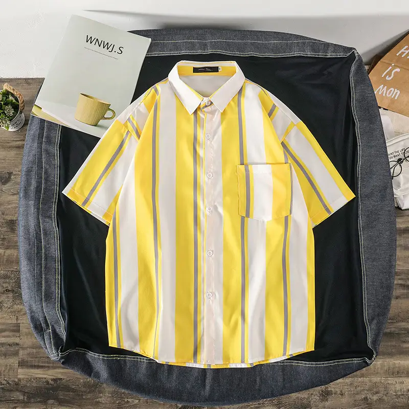 Men's Short Sleeve Striped Shirt White Red Print - Image 6