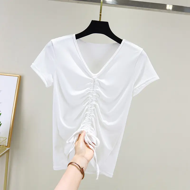 White Drawstring T-Shirt Women 2020 Summer Casual - Image 7