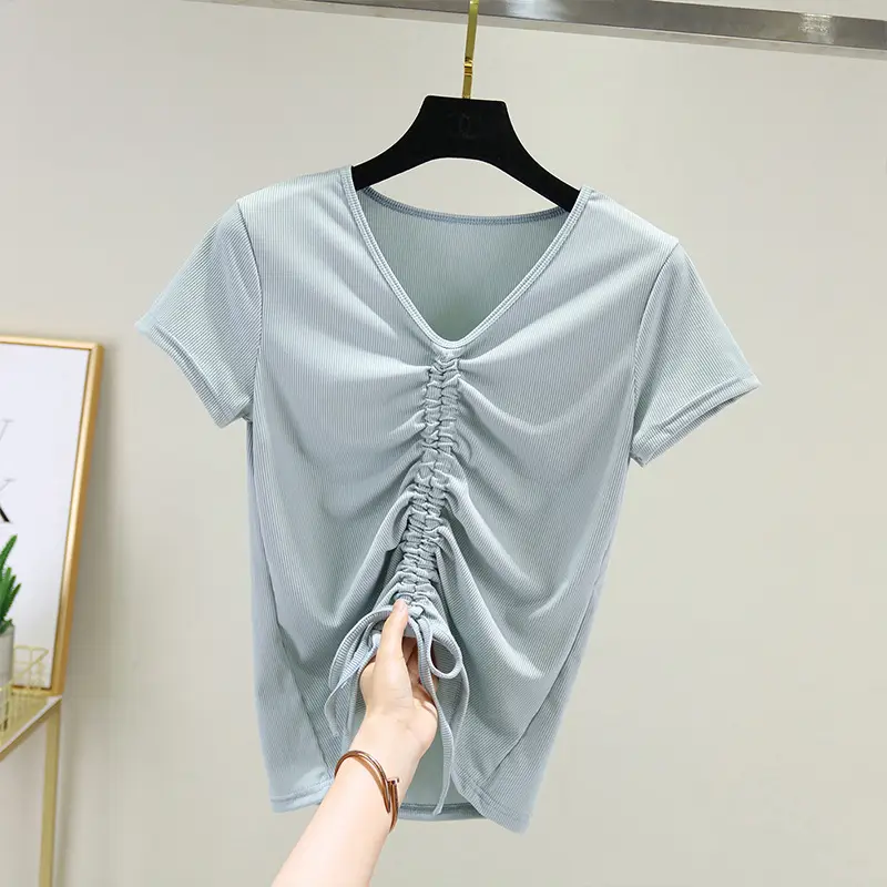 White Drawstring T-Shirt Women 2020 Summer Casual - Image 9