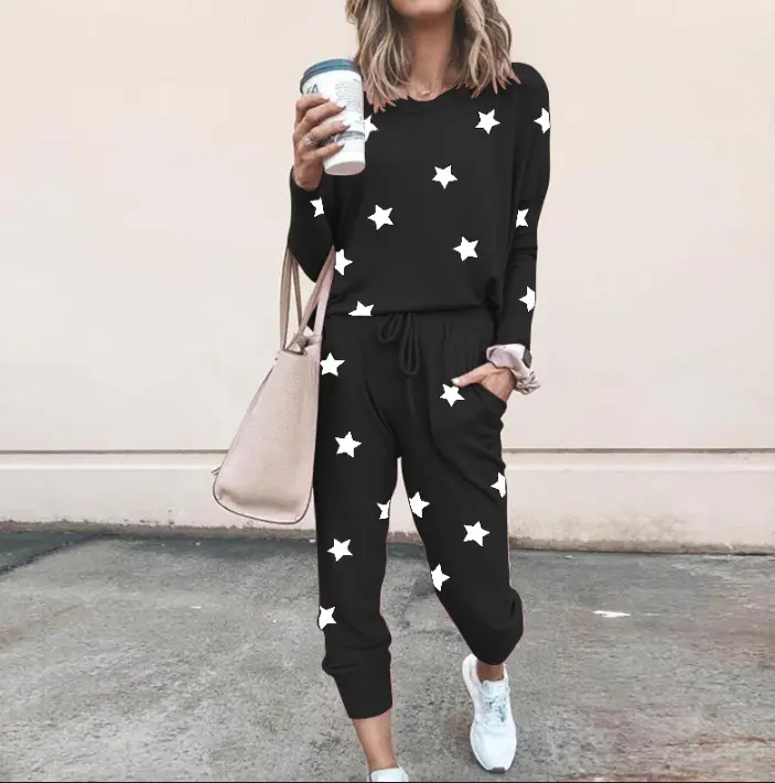Black Star Print Long Sleeve Casual Pajama Set for Women - Image 10