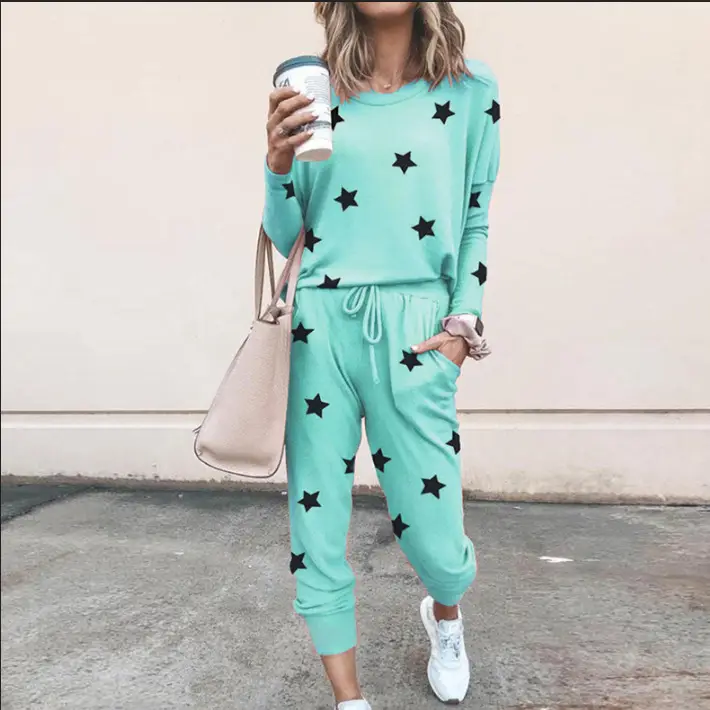 Black Star Print Long Sleeve Casual Pajama Set for Women - Image 11
