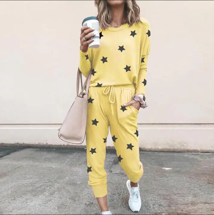 Black Star Print Long Sleeve Casual Pajama Set for Women - Image 6