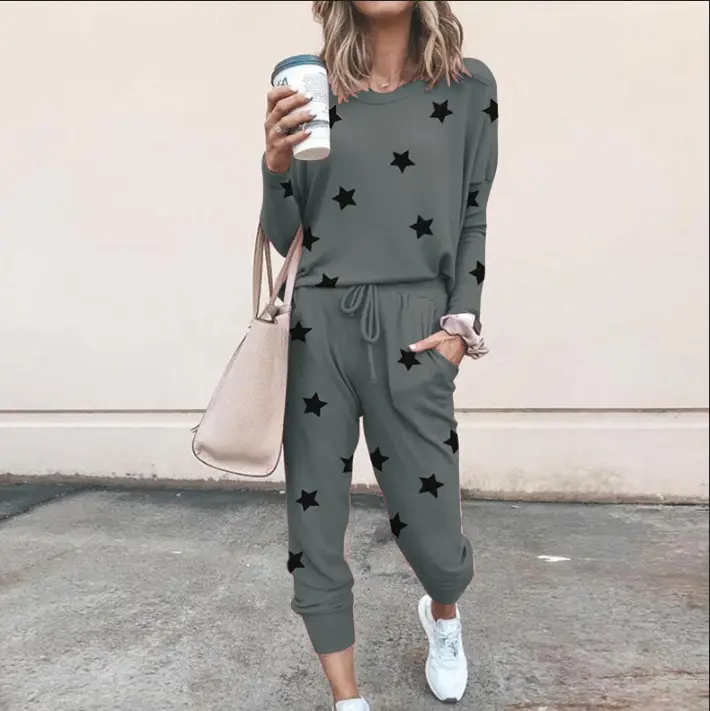 Black Star Print Long Sleeve Casual Pajama Set for Women - Image 7
