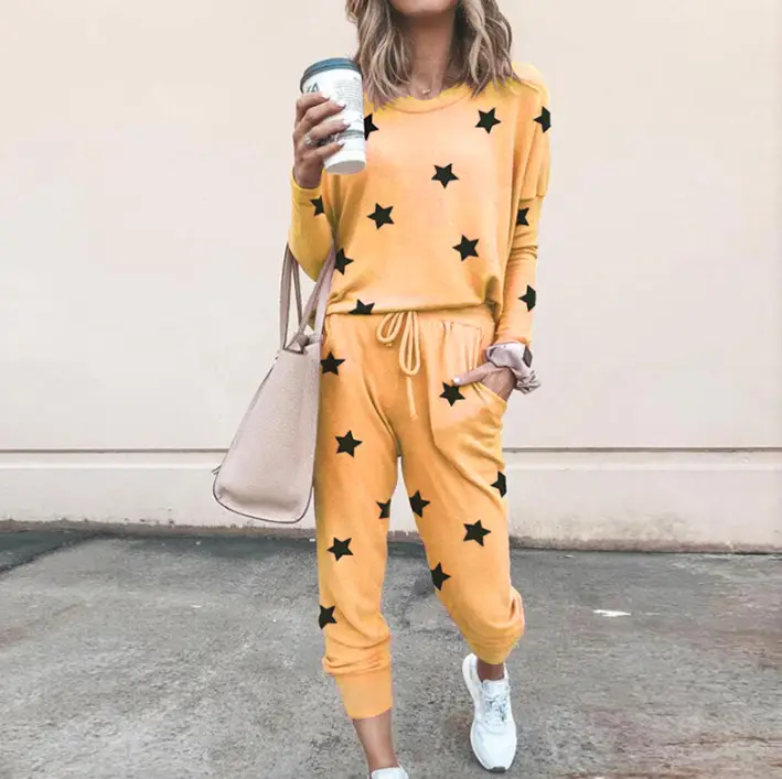 Black Star Print Long Sleeve Casual Pajama Set for Women - Image 8