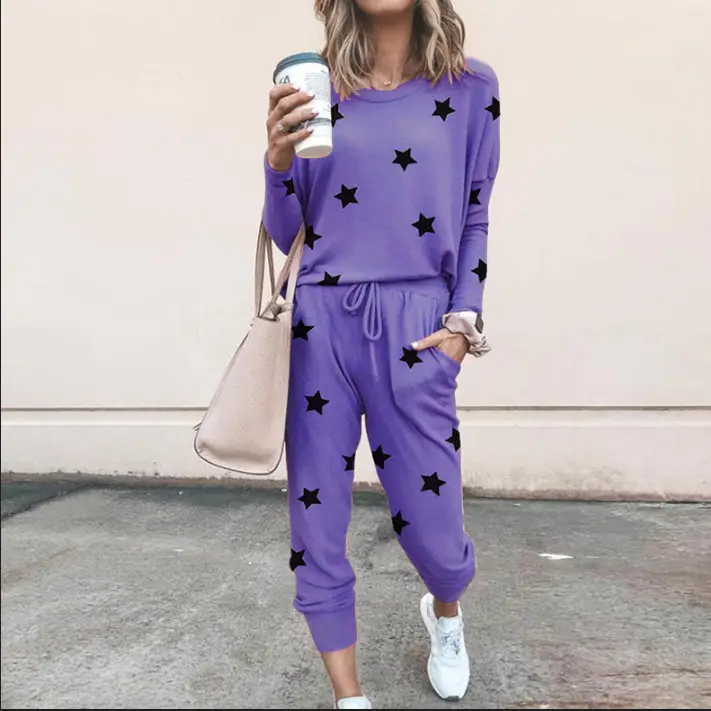 Black Star Print Long Sleeve Casual Pajama Set for Women - Image 9