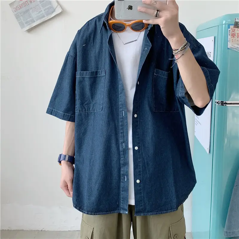 Men Blue Denim 5-Piece Short Sleeve Shirt - Image 3