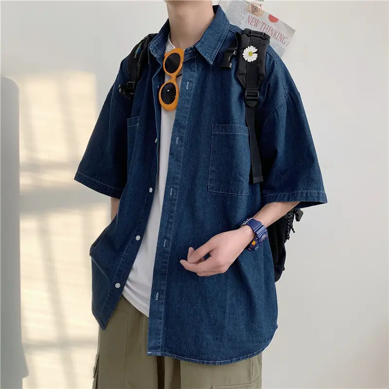 Men Blue Denim 5-Piece Short Sleeve Shirt - Image 4