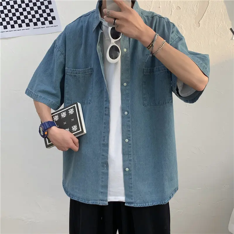 Men Blue Denim 5-Piece Short Sleeve Shirt - Image 5