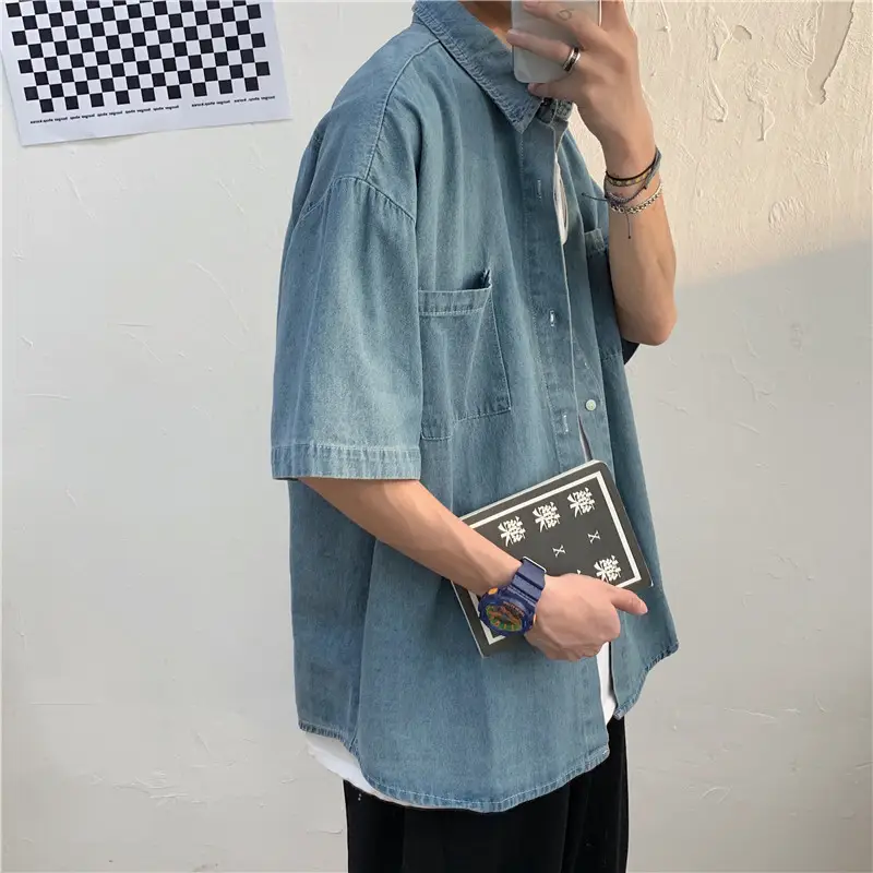 Men Blue Denim 5-Piece Short Sleeve Shirt - Image 6