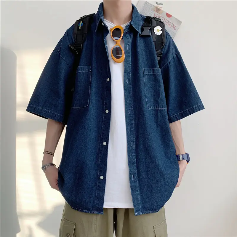 Men Blue Denim 5-Piece Short Sleeve Shirt - Image 2