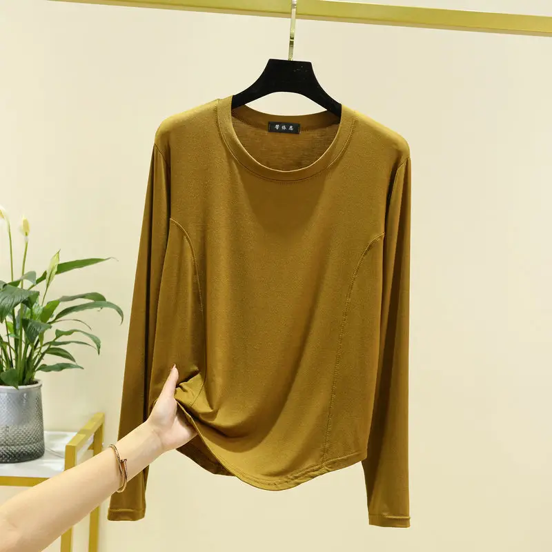 Women's Brown Long Sleeve T-Shirt Slim Fit Spring Autumn - Image 11