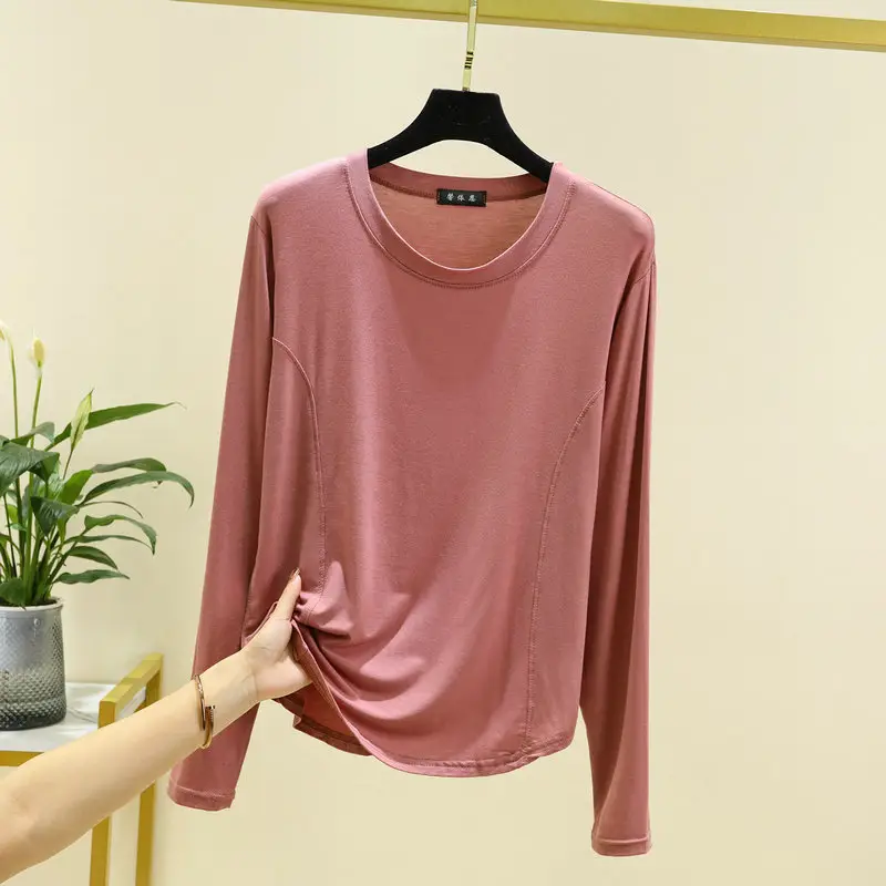 Women's Brown Long Sleeve T-Shirt Slim Fit Spring Autumn - Image 2