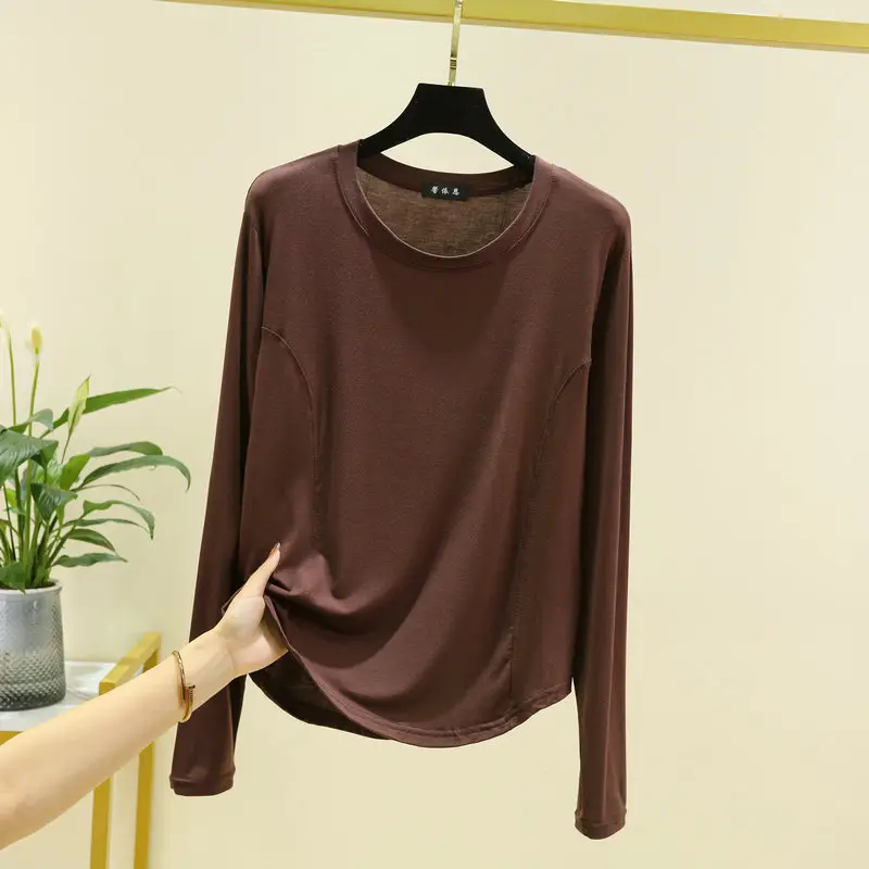 Women's Brown Long Sleeve T-Shirt Slim Fit Spring Autumn - Image 3