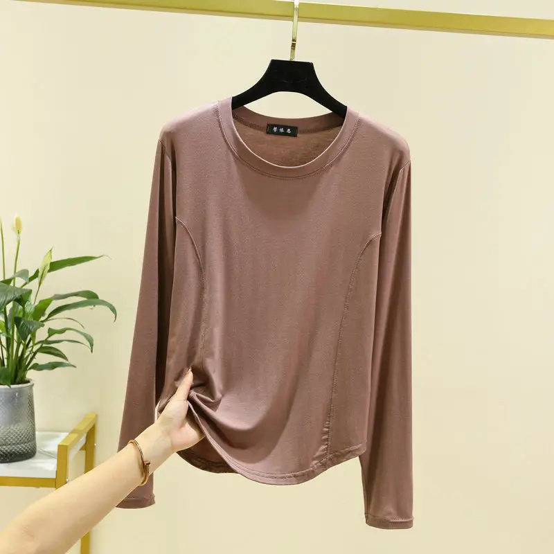 Women's Brown Long Sleeve T-Shirt Slim Fit Spring Autumn - Image 5