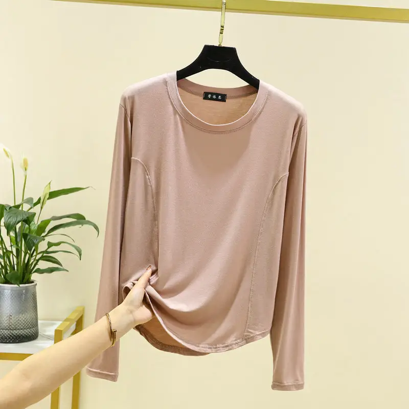 Women's Brown Long Sleeve T-Shirt Slim Fit Spring Autumn - Image 7