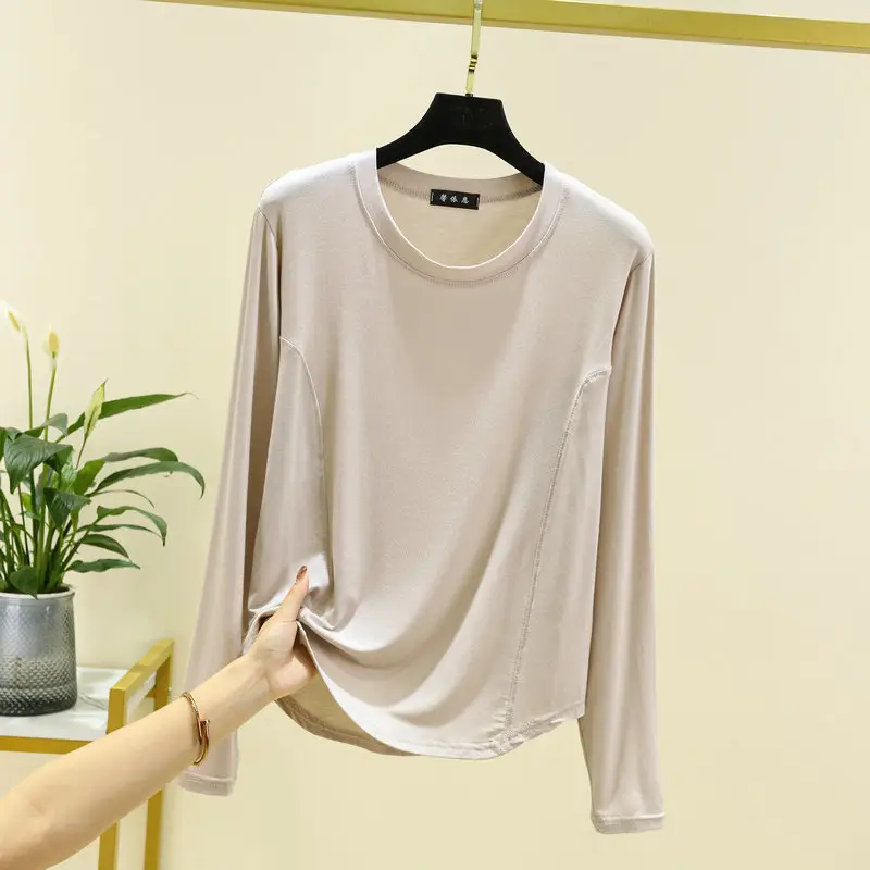 Women's Brown Long Sleeve T-Shirt Slim Fit Spring Autumn - Image 8