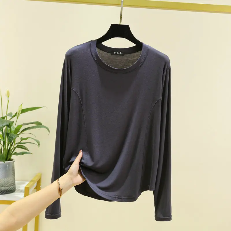 Women's Brown Long Sleeve T-Shirt Slim Fit Spring Autumn - Image 9