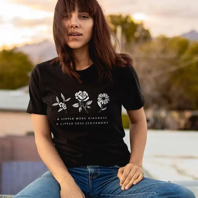 Black Floral Short Sleeve T-Shirt for Women - Image 2