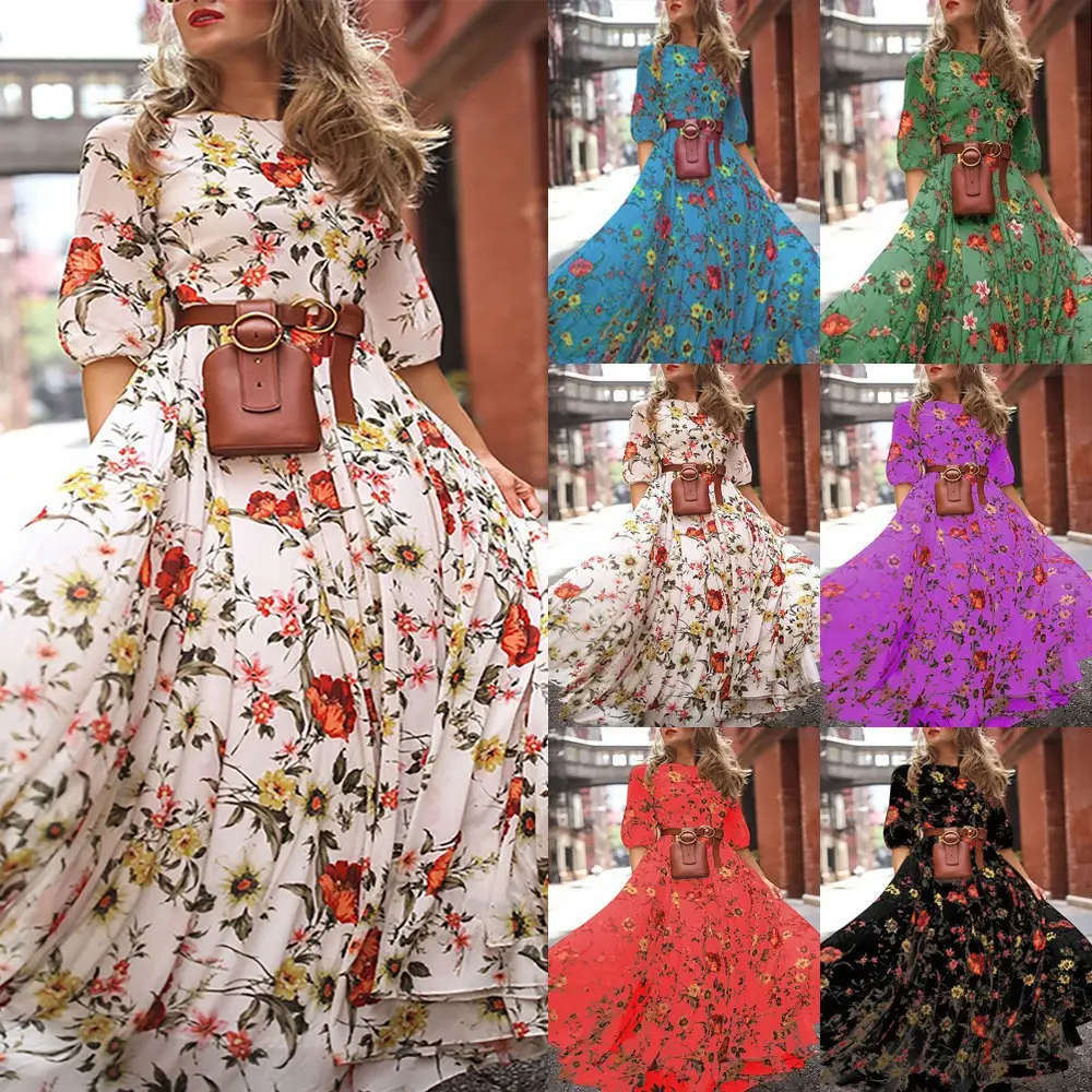 Purple Floral Chiffon Gown with Belt for Women