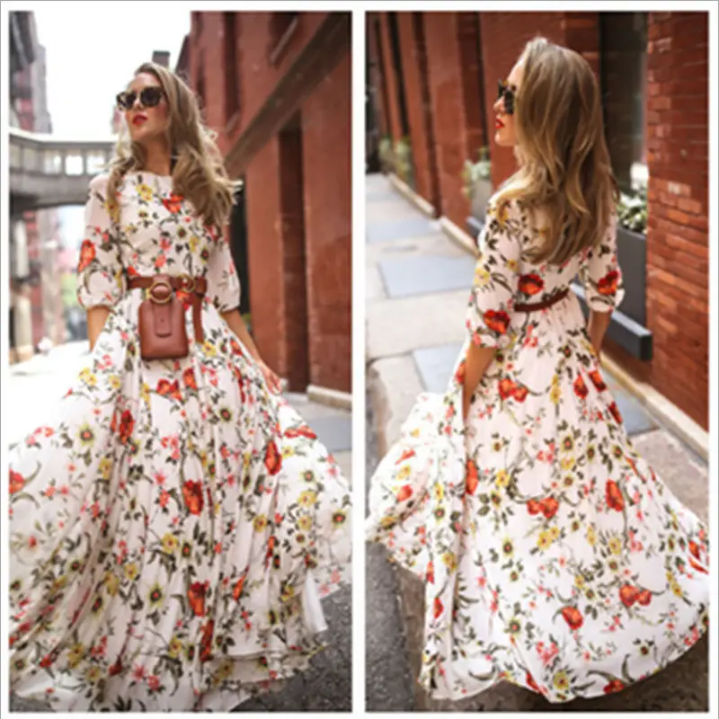 Purple Floral Chiffon Gown with Belt for Women