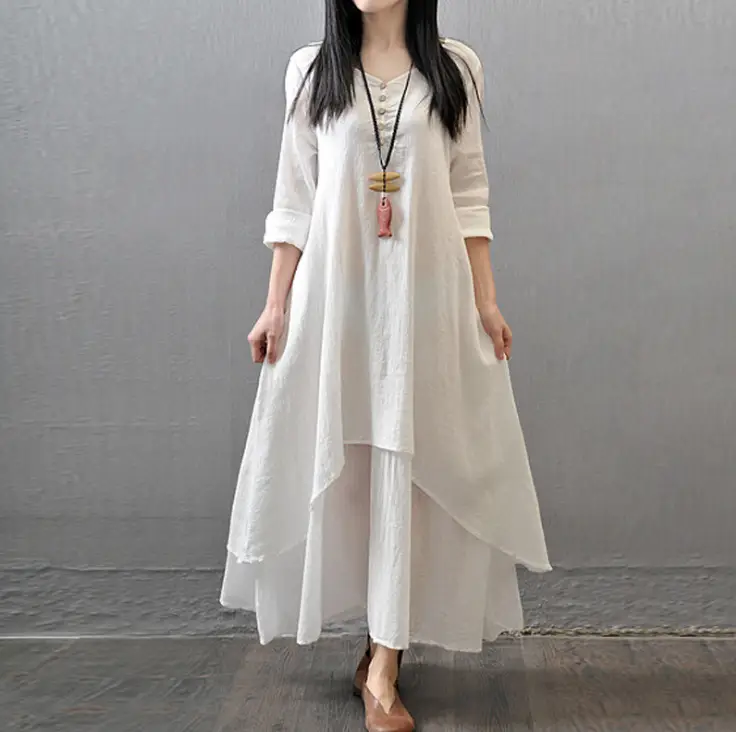 2025 Long Flared Linen Dress Artistic Design - Image 6