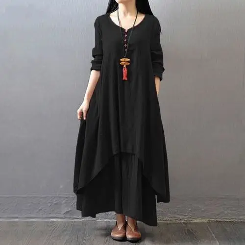 2025 Long Flared Linen Dress Artistic Design - Image 2