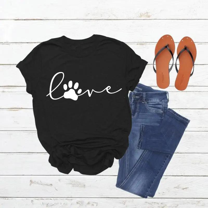 Red Pink Love Paw Print T-Shirt Short Sleeve
