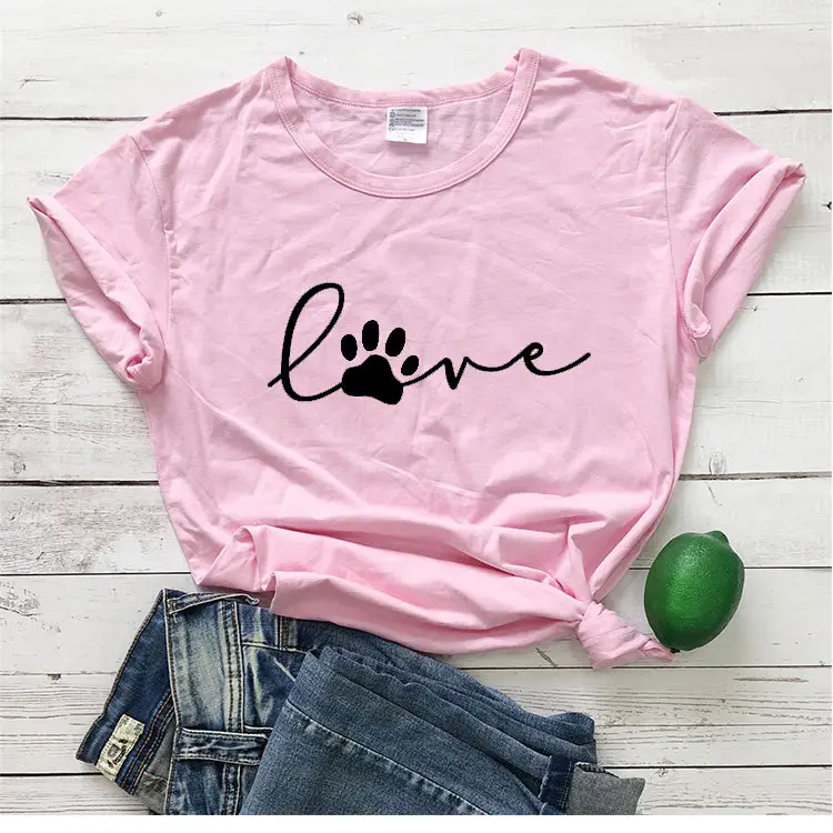 Red Pink Love Paw Print T-Shirt Short Sleeve