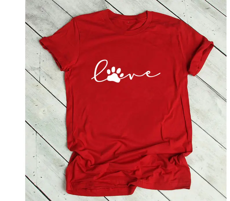 Red Pink Love Paw Print T-Shirt Short Sleeve