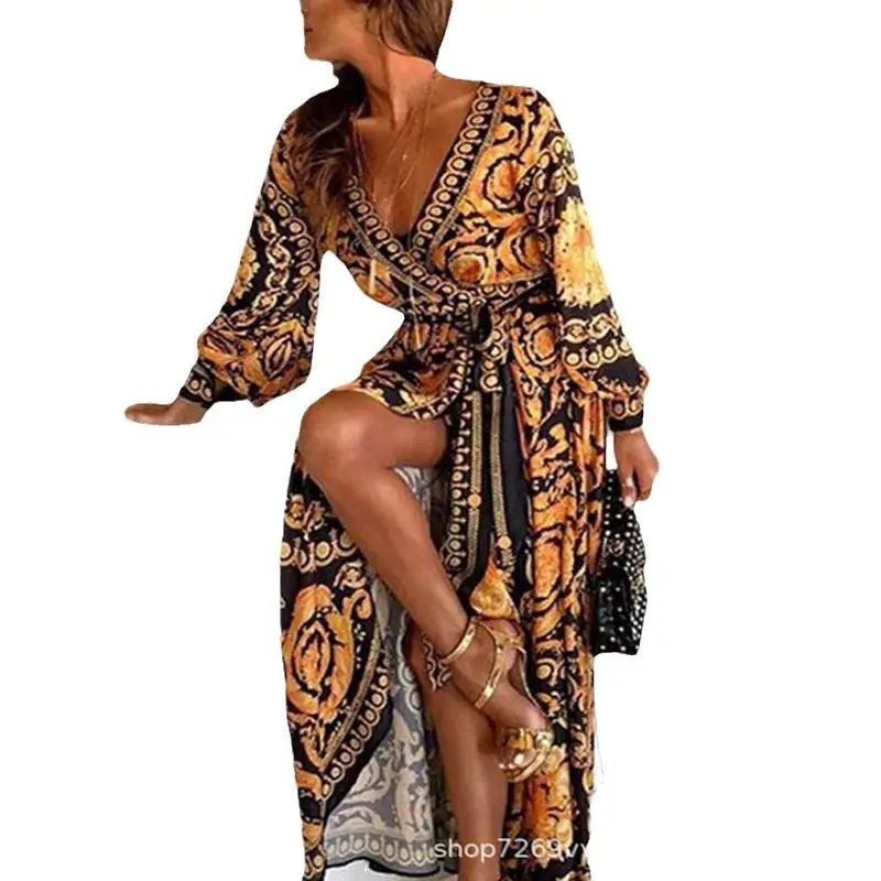 2020 Foreign Trade Dress Sexy Deep V Split Dress Bohemia - Image 5
