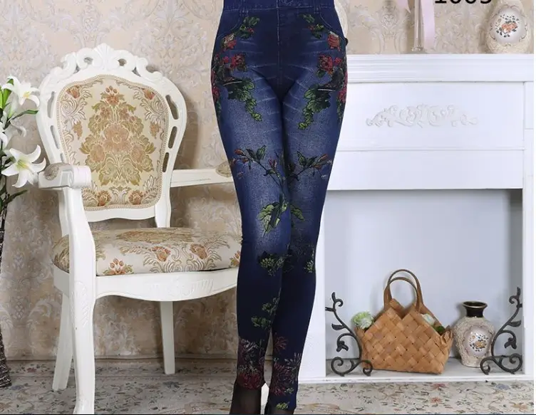 Blue Printed Thin Leggings Winter Terry Fabric - Image 9