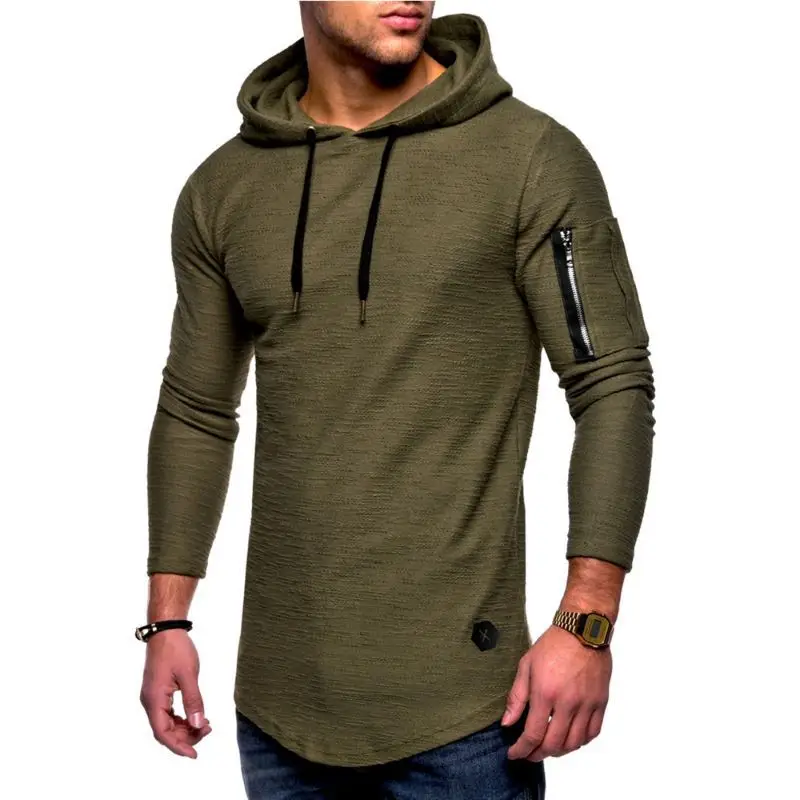 Men White Hooded Long Sleeve T-Shirt with Zipper Arm Stitching