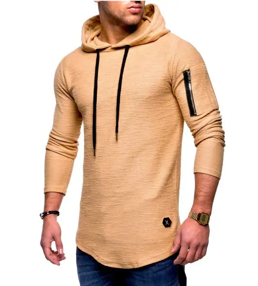 Men White Hooded Long Sleeve T-Shirt with Zipper Arm Stitching