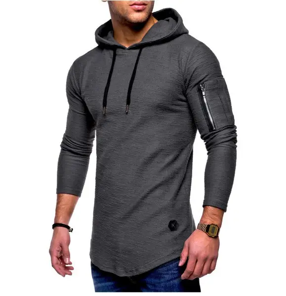 Men White Hooded Long Sleeve T-Shirt with Zipper Arm Stitching