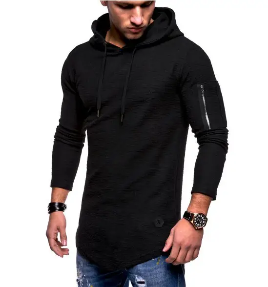 Men White Hooded Long Sleeve T-Shirt with Zipper Arm Stitching