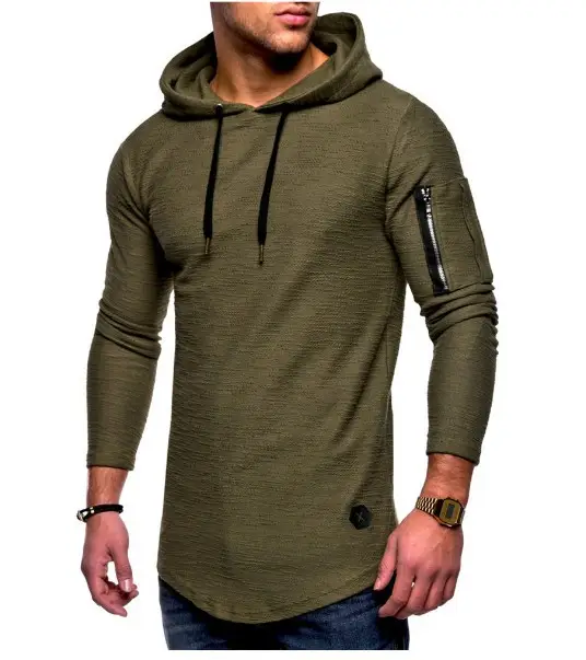 Men White Hooded Long Sleeve T-Shirt with Zipper Arm Stitching