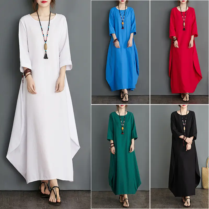 Plus Size Cotton Linen Long Dress Green Blue - Image 6