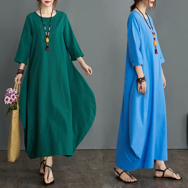 Plus Size Cotton Linen Long Dress Green Blue - Image 7