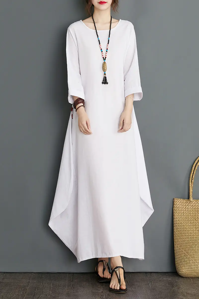 Plus Size Cotton Linen Long Dress Green Blue - Image 9
