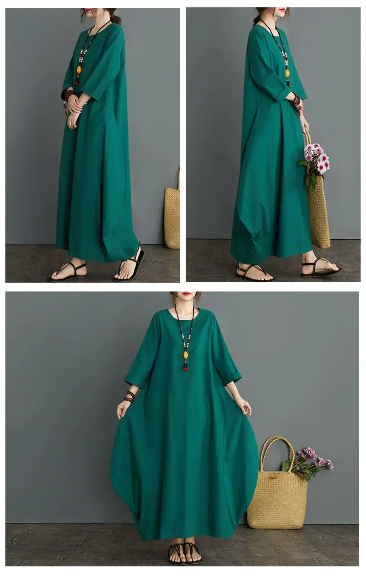 Plus Size Cotton Linen Long Dress Green Blue — feature 10