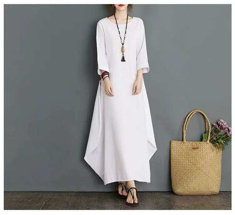 Plus Size Cotton Linen Long Dress Green Blue — feature 11