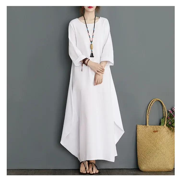 Plus Size Cotton Linen Long Dress Green Blue — feature 12