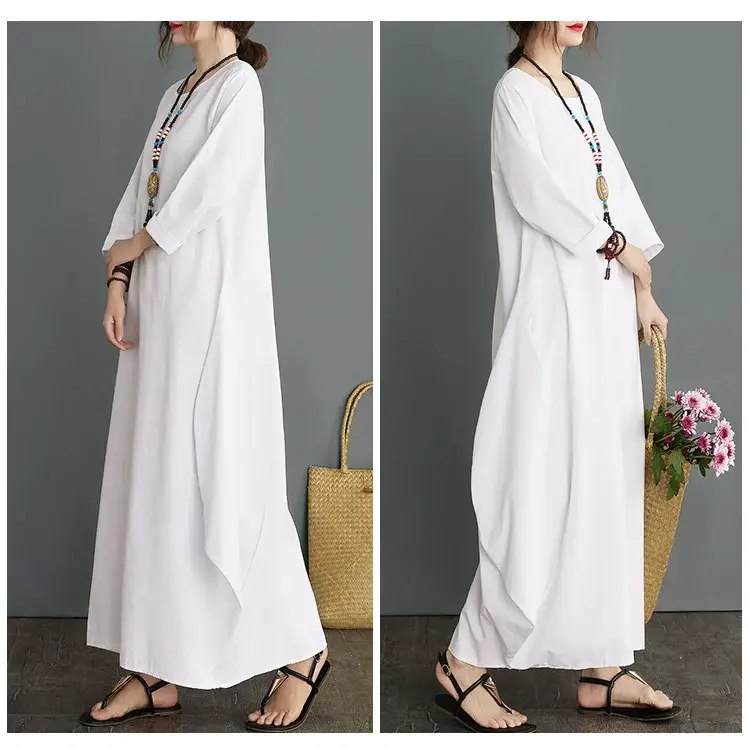 Plus Size Cotton Linen Long Dress Green Blue — feature 13